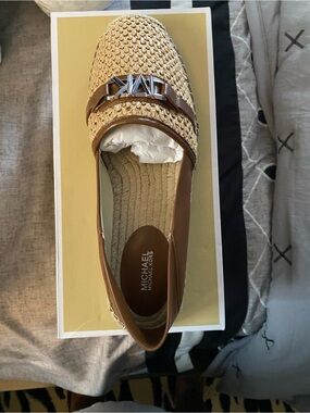 Michael Kors Tan Raffia and Brown Leather Loafer with MK Accent